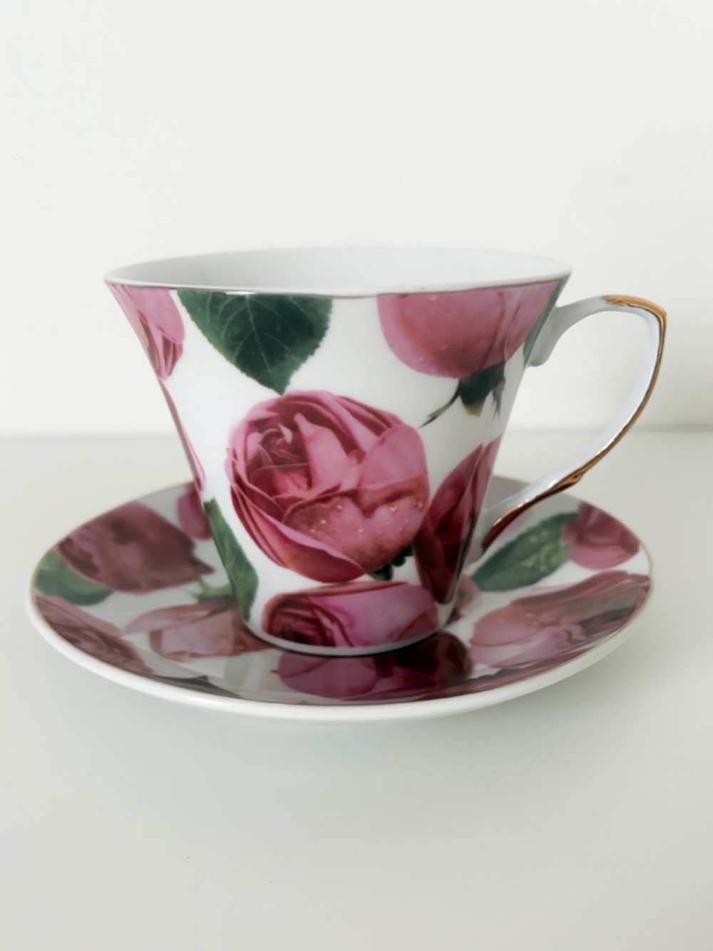 Vintage Floral Bone China Tea Cup & Saucer Set - Pink Peonies